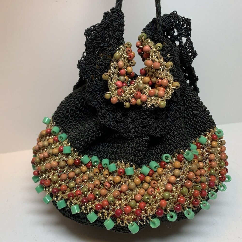 Flapper Beaded Drawstring Purse VTG Pouch Knitted Hand Bag Retro Rockabilly Boho